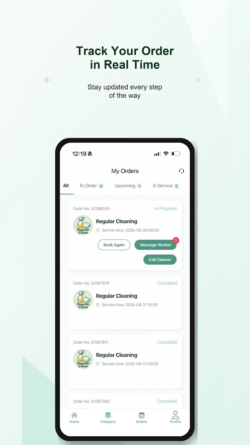 MintHome 我的订单页面,包含订单状态、联系服务人员和再次预约入口